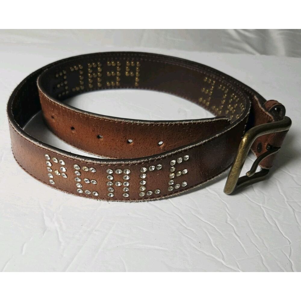Vera Pelle Belt Womans XL 40-42 Brown Leather PEACE Rhinestone Spellout USA
